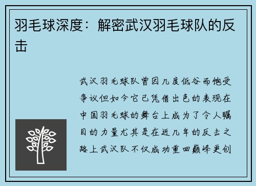 羽毛球深度：解密武汉羽毛球队的反击
