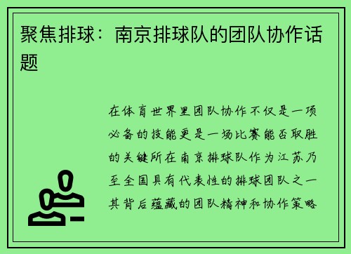 聚焦排球：南京排球队的团队协作话题