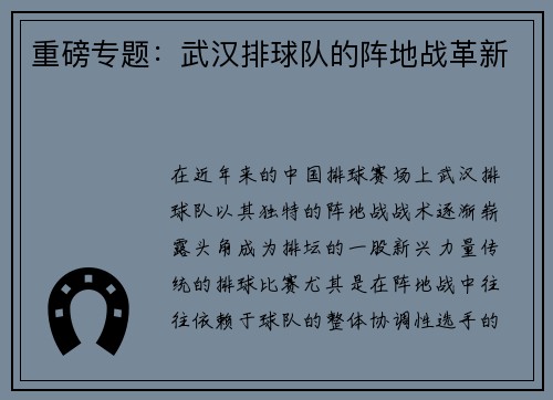 重磅专题：武汉排球队的阵地战革新