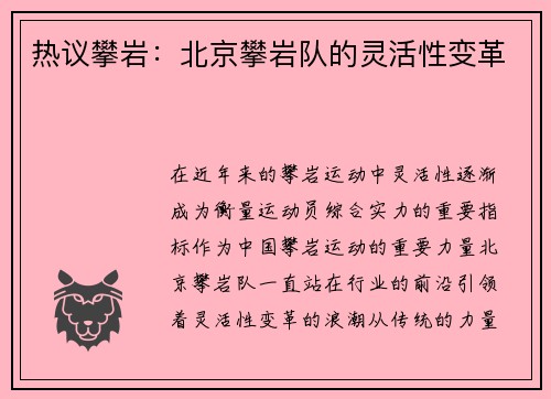 热议攀岩：北京攀岩队的灵活性变革