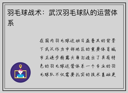 羽毛球战术：武汉羽毛球队的运营体系