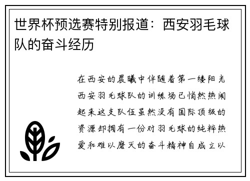 世界杯预选赛特别报道：西安羽毛球队的奋斗经历